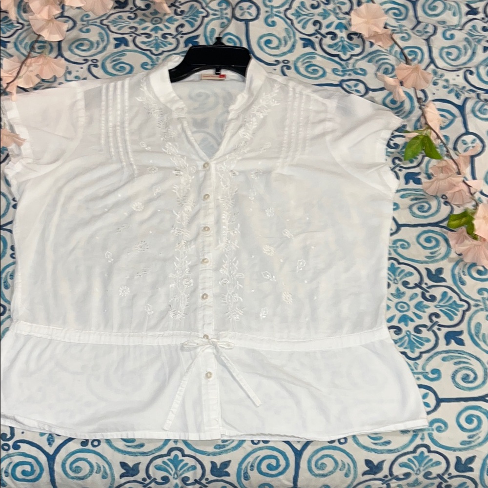 Sacred Threads White Embroidered Button-Front Peplum Blouse
